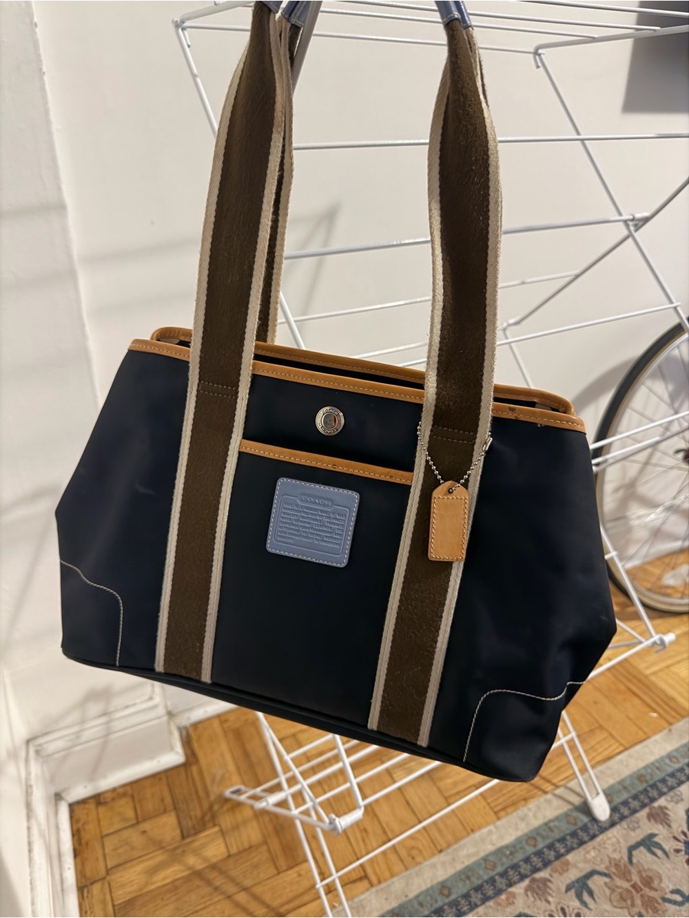 Coach Black Nylon Duffel Tote with Tan Leather Trim and Olive Straps